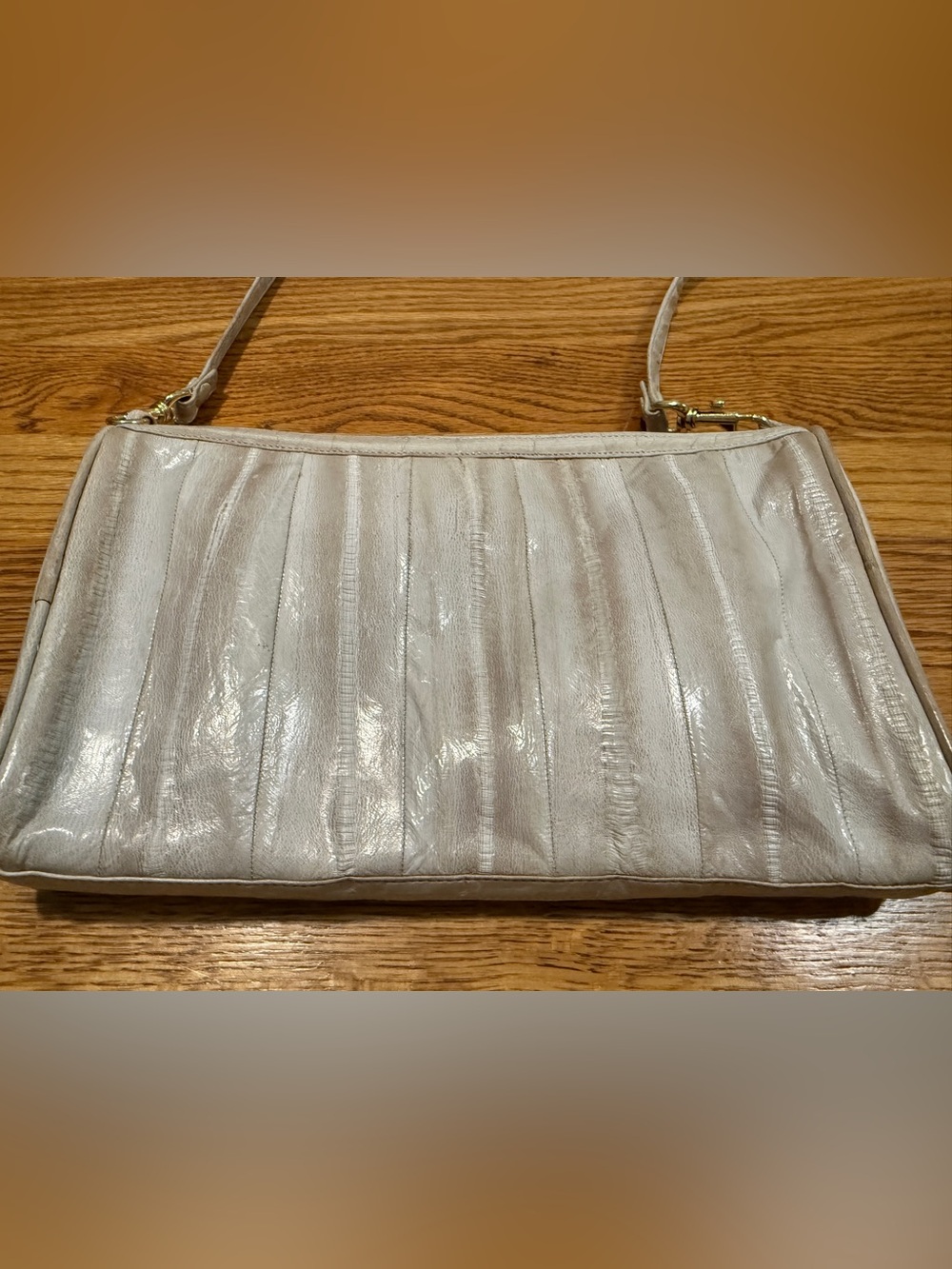 Vintage 80s Genuine Eel Skin Gray Shoulder Bag Clutch Handbag Made in Korea